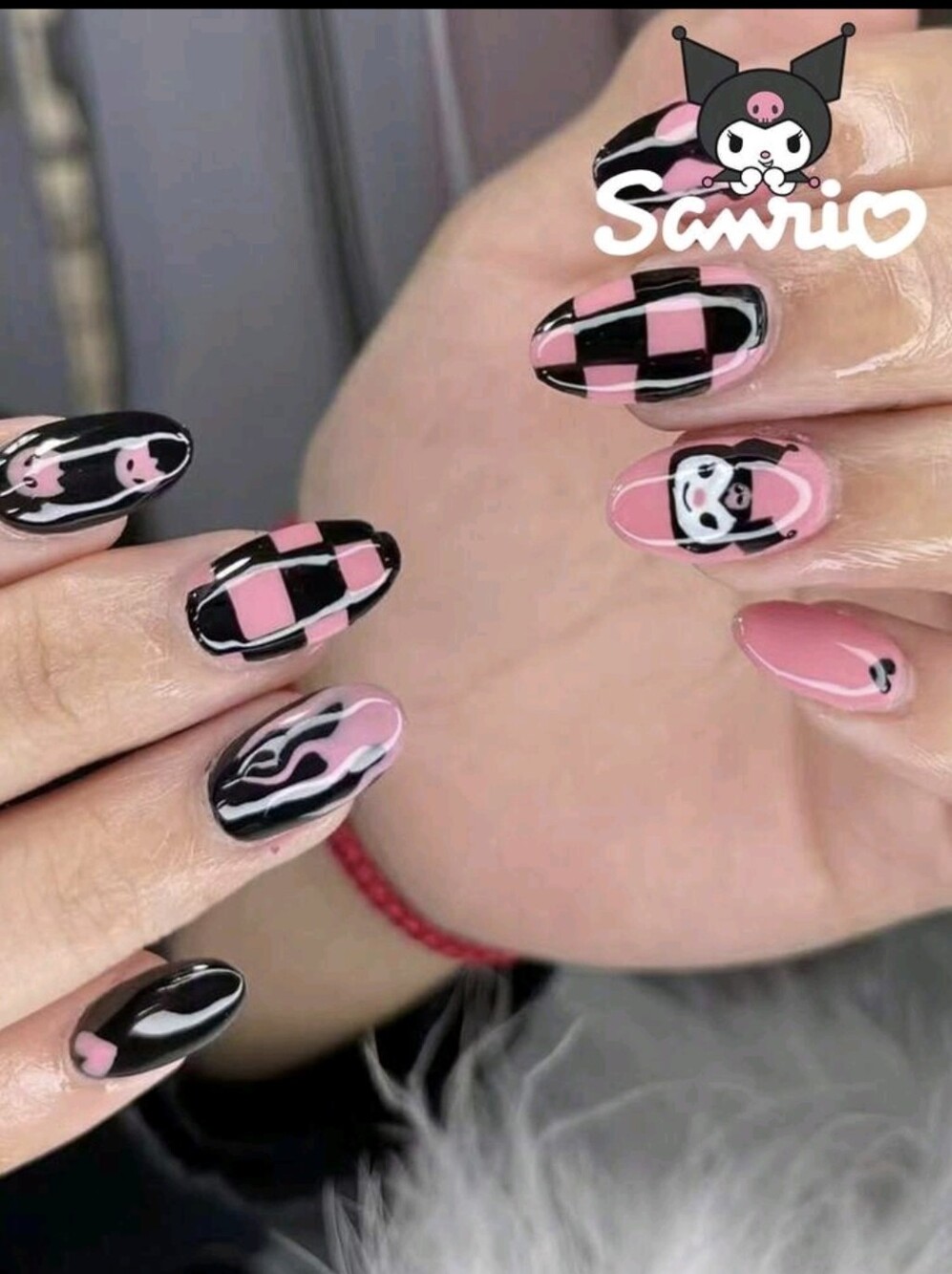 Sanrio Kuromi Pink & Black Checker & Character Press-On Nails
